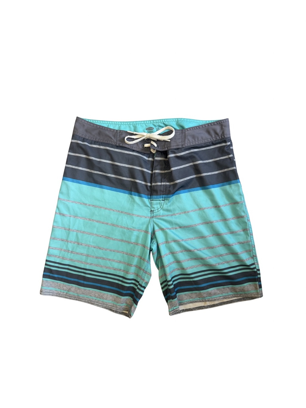 Old Navy Men's Aqua and Charcoal Striped Swim Board Shorts